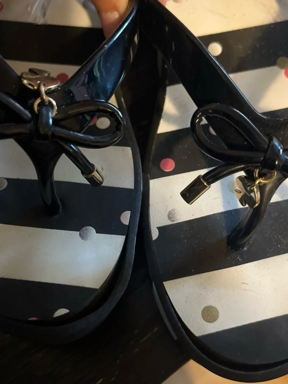 kate spade Black and White Striped Polka Dot Wedge Flip Sandals